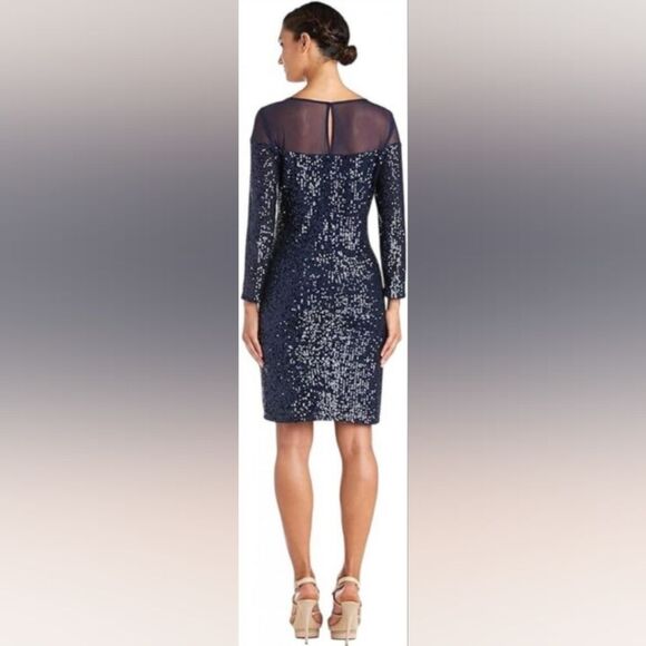 NWT R & M Richards Sequin Long Sleeve Knee-Length Evening Dress Navy Blue 20w - Picture 2 of 8